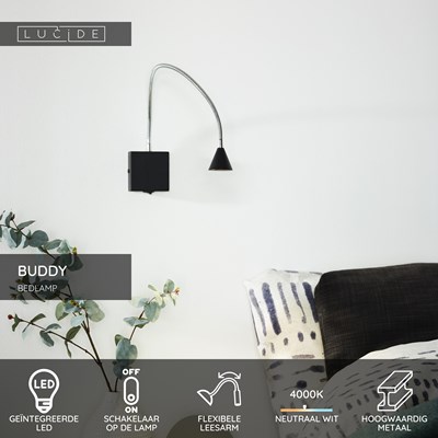 Lucide BUDDY - Bedlamp / Wandlamp - LED - 1x4W 4000K - Zwart